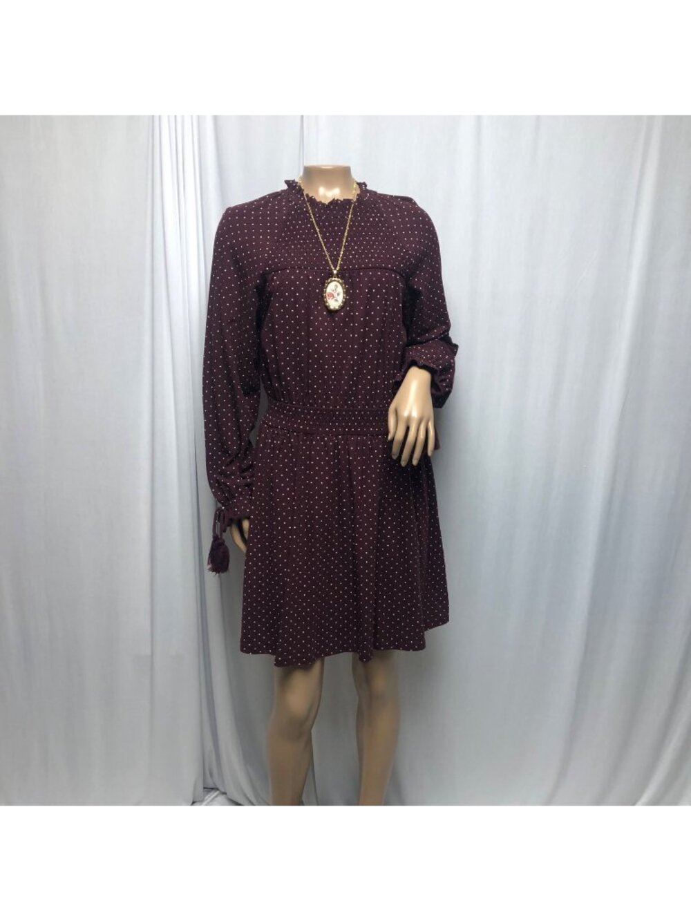 TopShop Peasant Dress Womens Size 10 Maroon White Polka Dots Smocked Long Sleeve